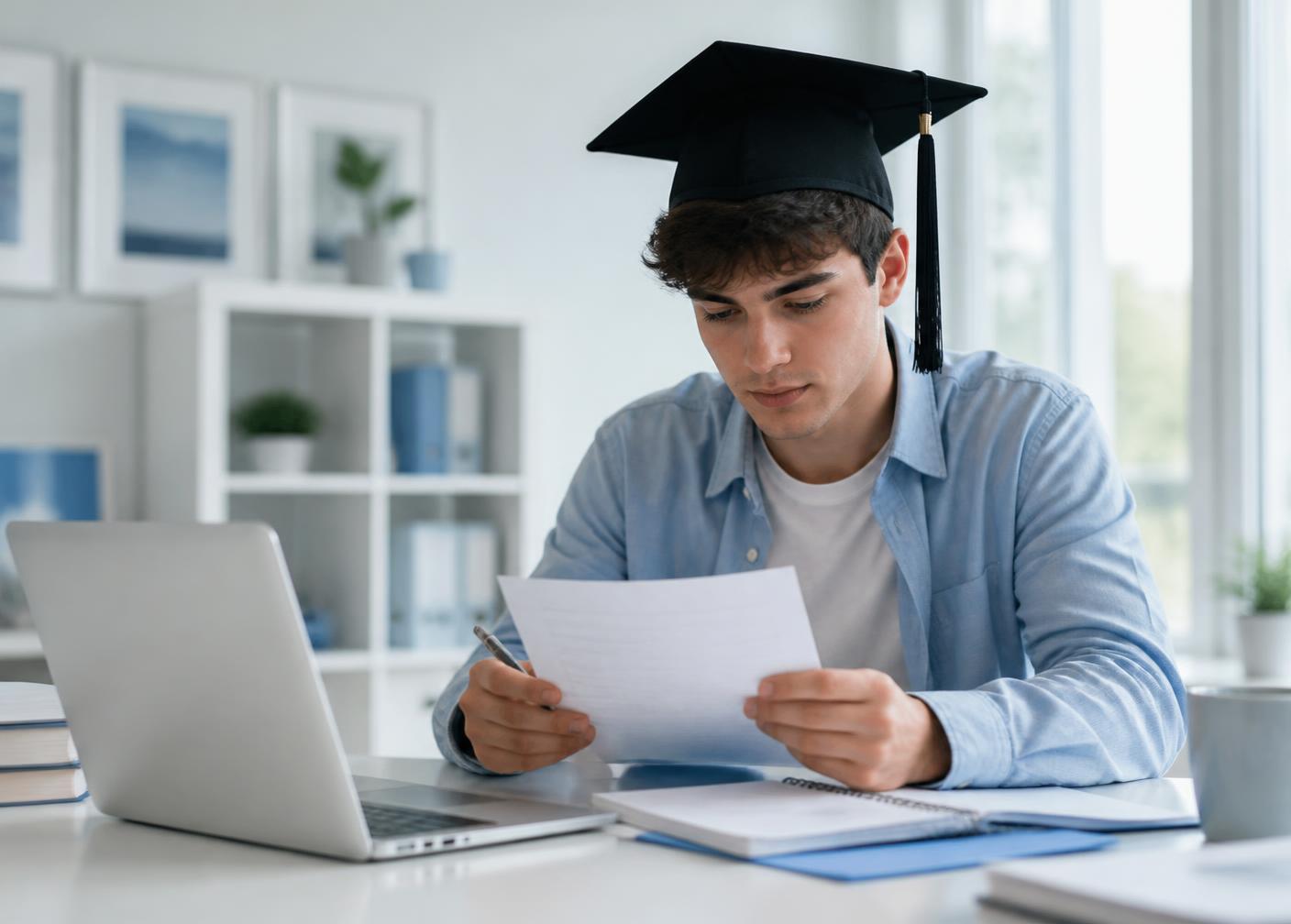A recent graduate reviewing career notes at a desk